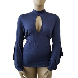 VENUS Mock Neck Keyhole Plunge Flare Bell Sleeve Tunic Top Womens 1X Navy Blue